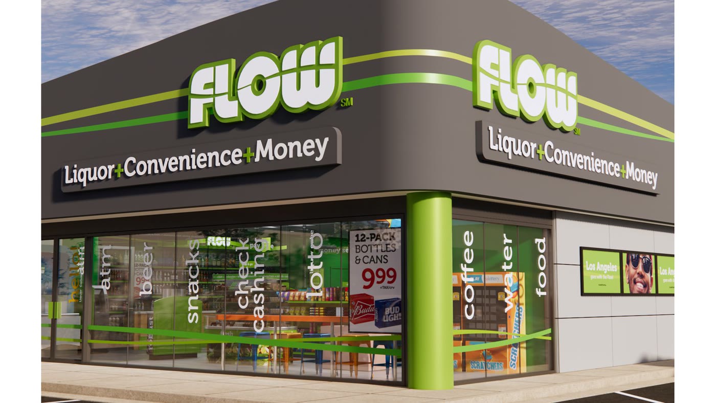 A FLOW convenience store on a corner, re-imagined inside and out